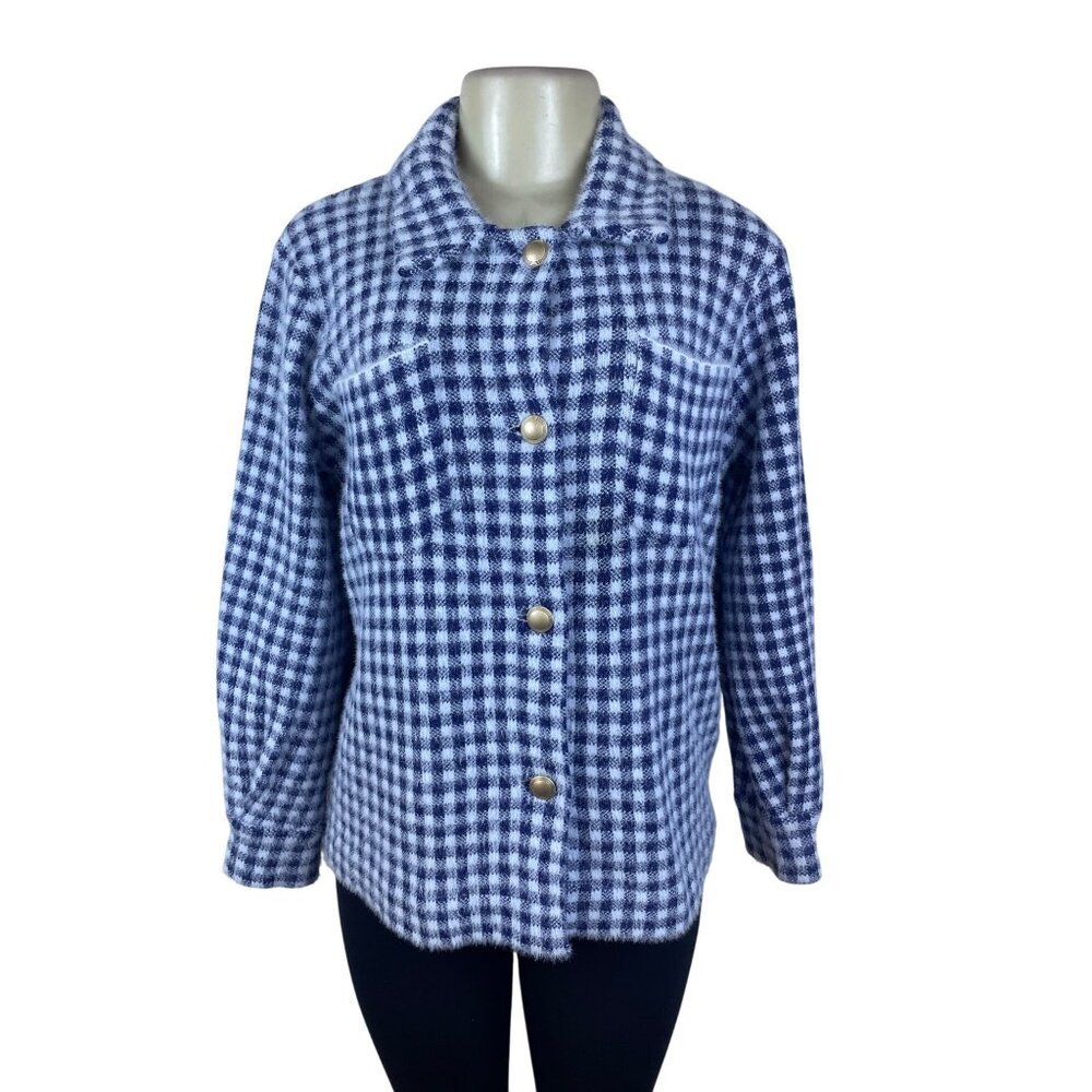 Max Studio Womens Blue/White Fuzzy Checker Jacket Snap Button Front Size M